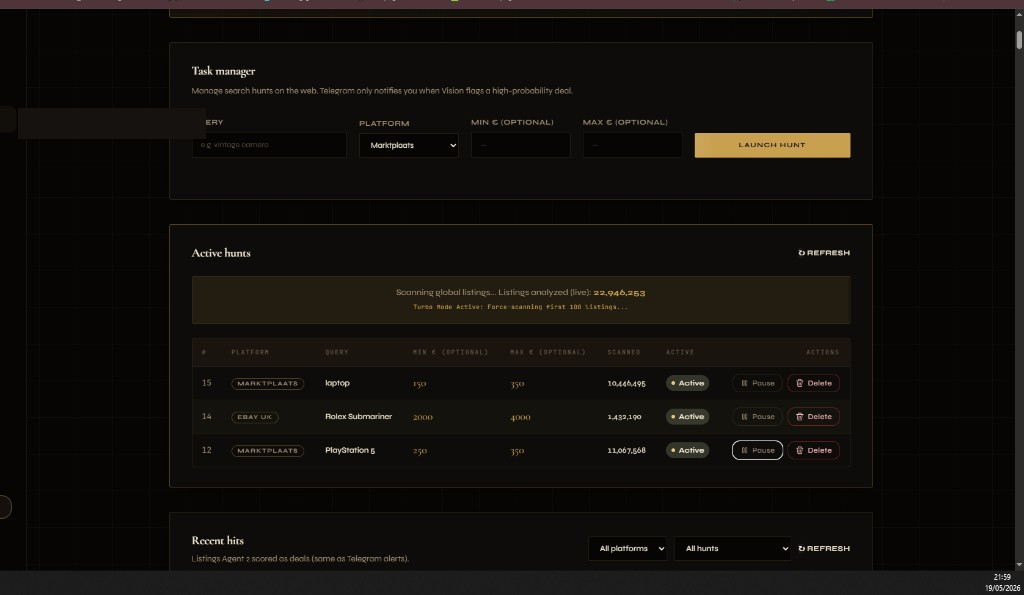 DealSniper dashboard — Active hunts table scanning Marktplaats and eBay UK