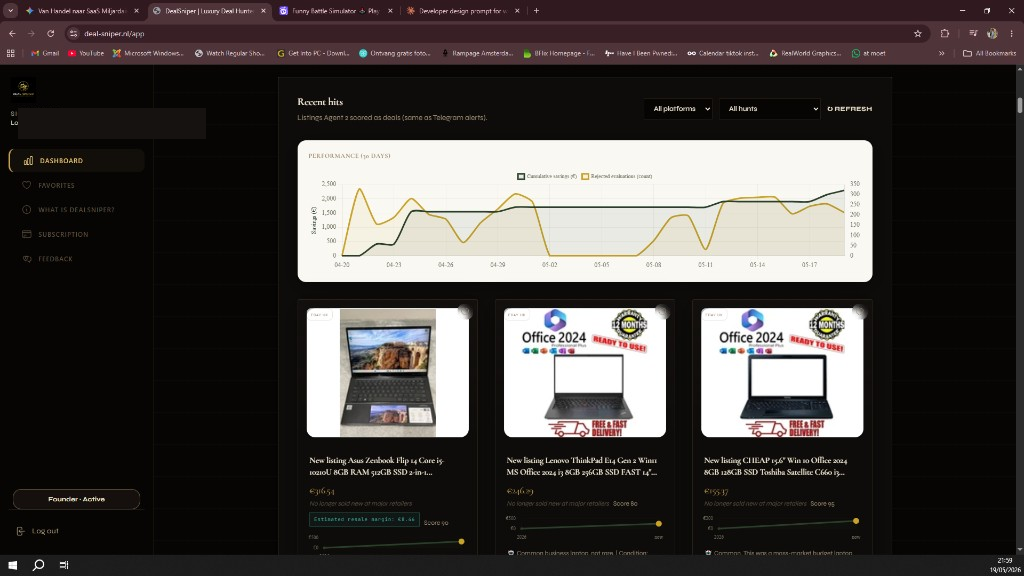 DealSniper dashboard — Recent hits with AI-scored laptop deals and 30-day performance chart